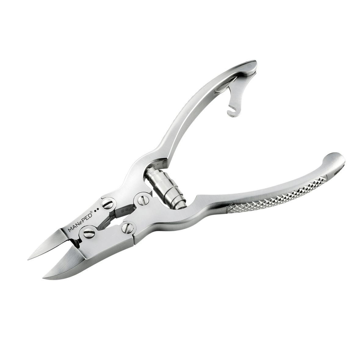 Nagelzange mit Doppelgetriebe. Silberfarbenes Metall. MANePED-Logo. Geöffnete Ansicht.
