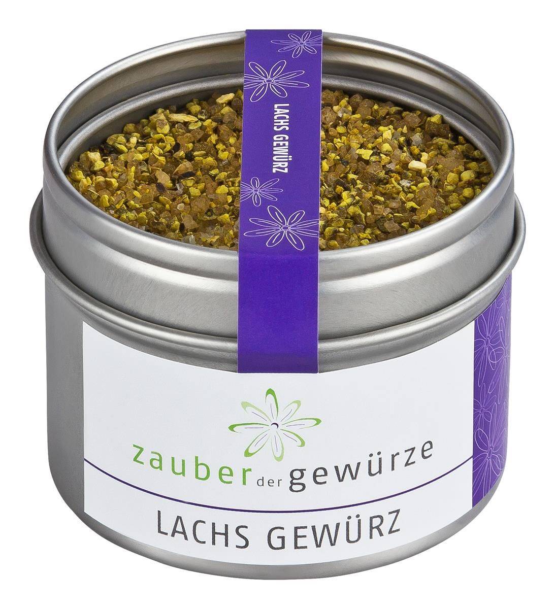 Metall-Dose mit Lachs Gewürz. Lila Band mit Schriftzug. Dose mit Deckel, gefüllt mit Gewürzmischung.