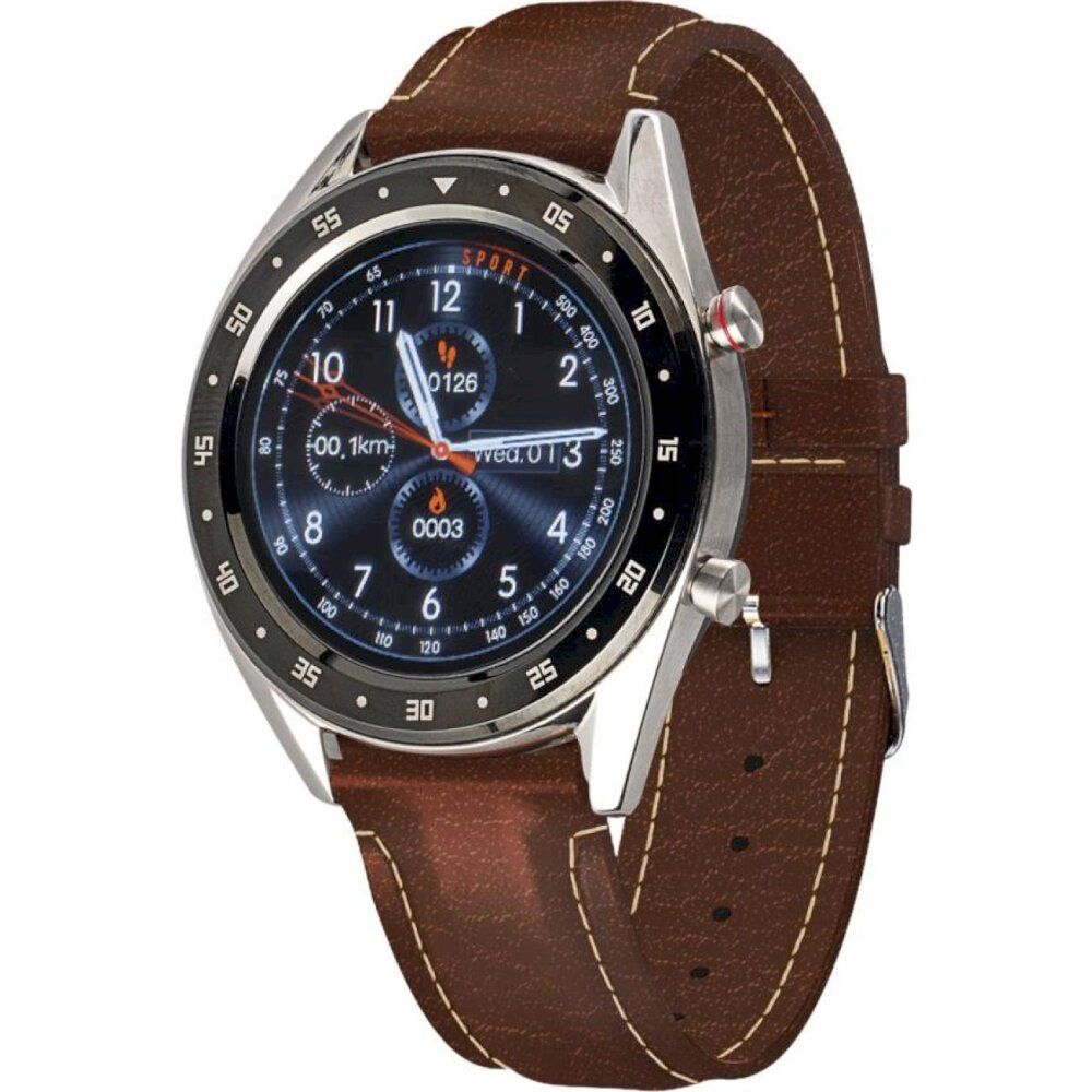 Aktivitätstracker mit braunem Lederarmband und silberfarbenem Gehäuse. Das Zifferblatt zeigt Uhrzeit und weitere Daten an.