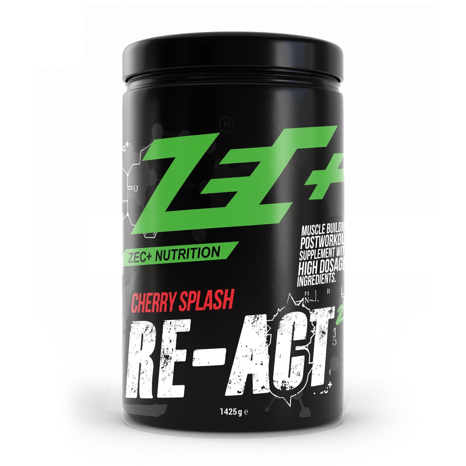 Schwarze Dose, ZEC+ Logo und Produktname RE-ACT 2.0 Cherry Splash. Text: ZEC+ Nutrition. 1425g. Muskelaufbau-Nahrungsergänzung.