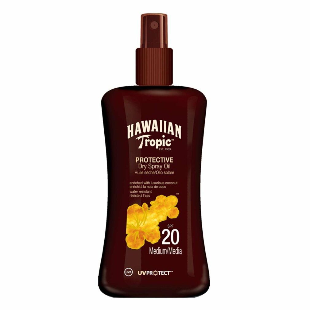 Braune Flasche mit Sprühkopf. Aufschrift: Hawaiian Tropic, Protective Dry Spray Oil, SPF 20. Gelbe Blüte.