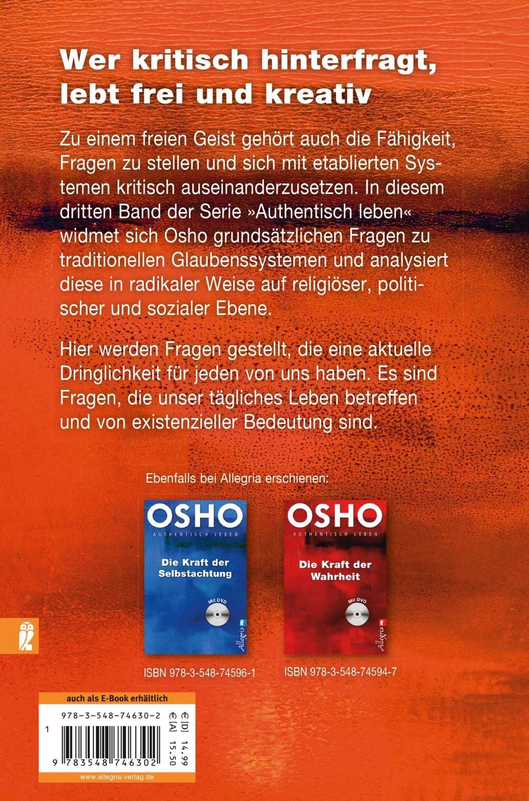 Rückseite des Buches "Die Kraft des freien Denkens". Text in deutscher Sprache. Zwei weitere Buchcover unten.