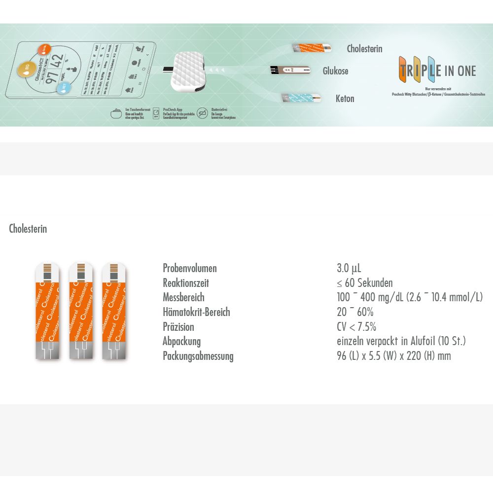 Drei Procheck Cholesterin Teststreifen. Orangefarben mit Text. Technische Daten und Verpackungsinformationen.