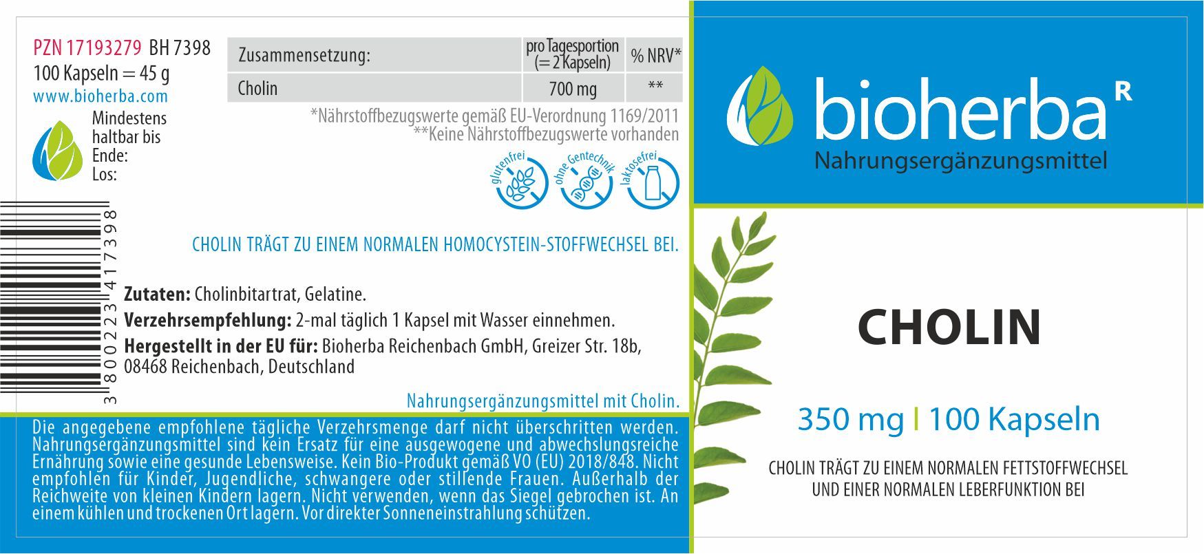 Etikett mit "bioherba" Logo, "Cholin" und "350 mg | 100 Kapseln". Enthält Informationen zu Inhaltsstoffen und Dosierung.