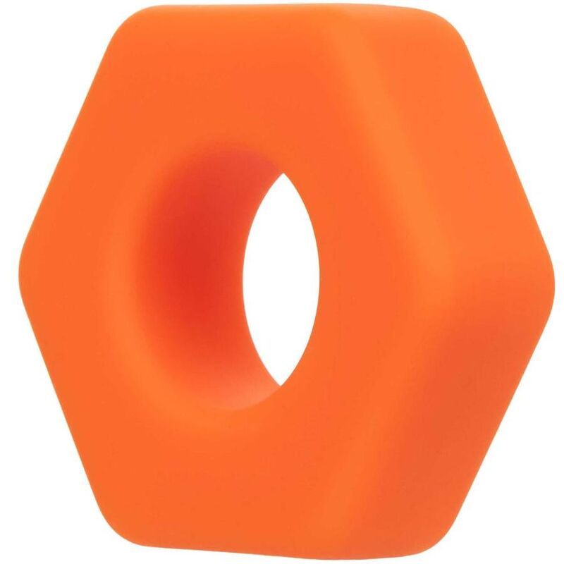 Orangener Sexagon-Ring mit rundem Loch in der Mitte. Aus Silikon.