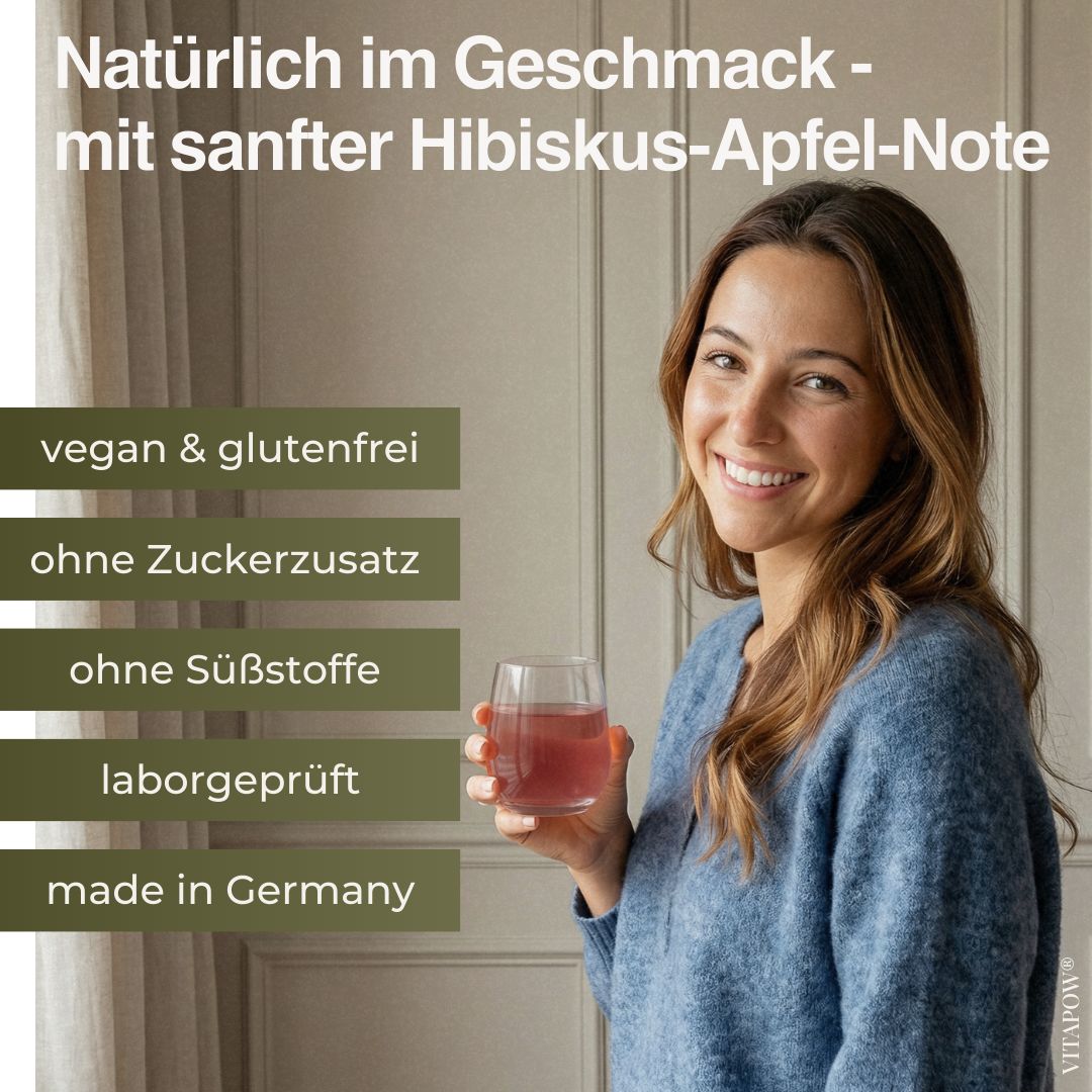 Frau hält Glas mit Getränk. Text: vegan & glutenfrei, ohne Zuckerzusatz, ohne Süßstoffe, laborgeprüft, made in Germany.