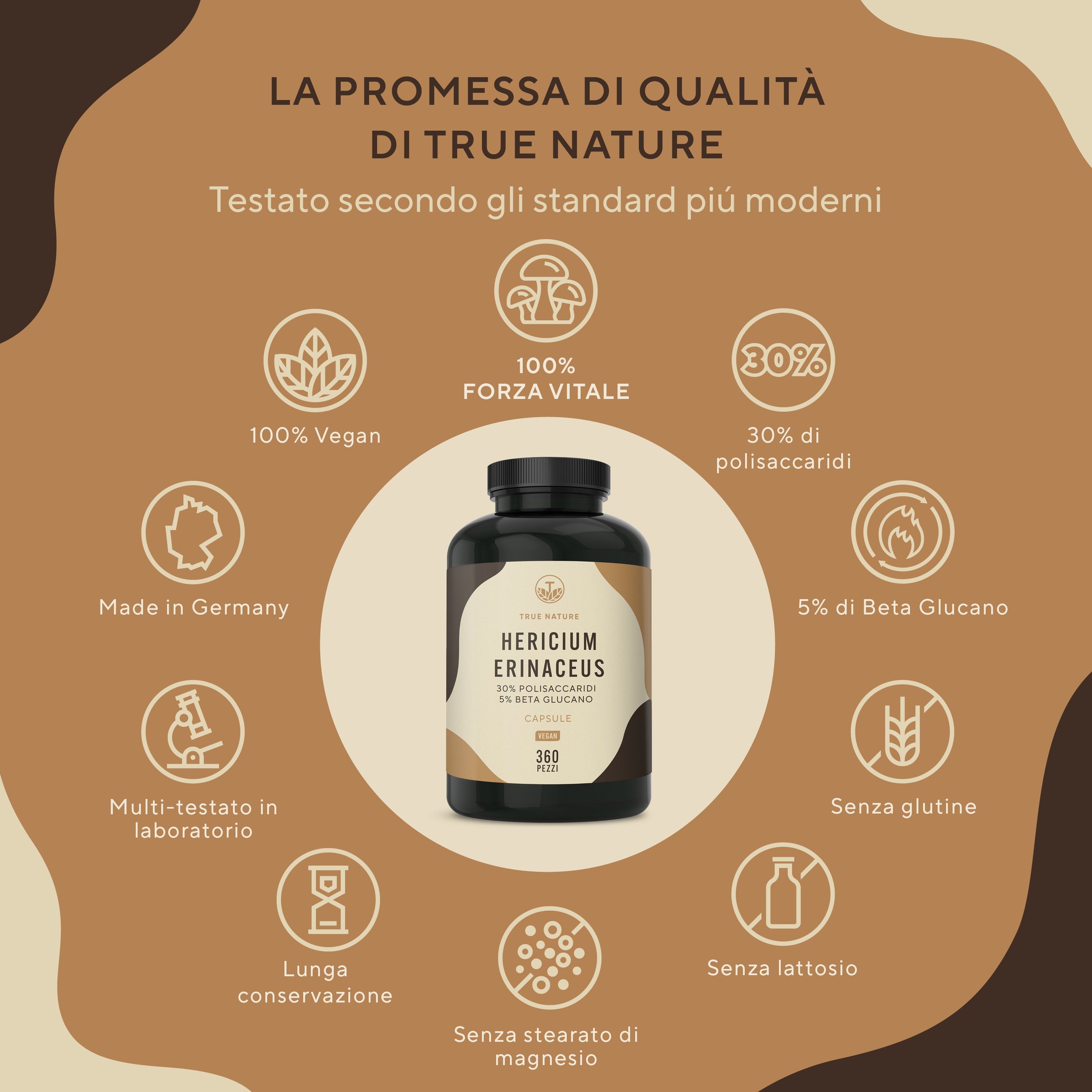 Flacone del prodotto accanto ai loghi: 100% Vitale, 100% Vegano, 30% Polisaccaridi, 5% Beta Glucano, Made in Germany, Multi-Testato.