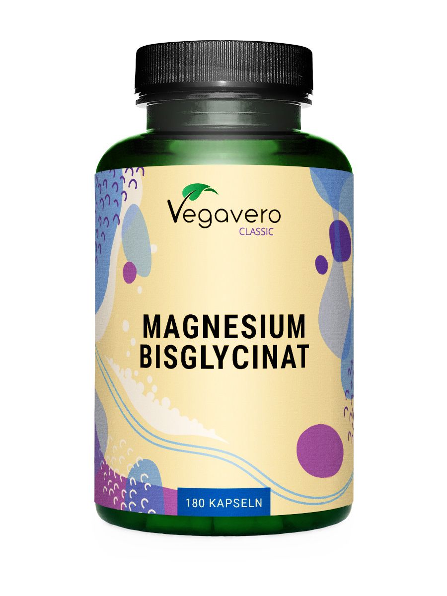 Grüne Flasche mit Vegavaro Magnesium Bisglycinat. 180 Kapseln. Gelbes Etikett mit blauen und violetten Akzenten.