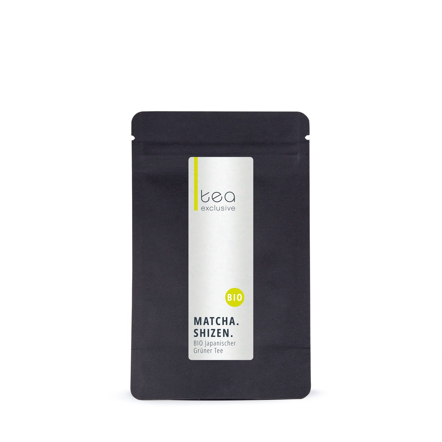 Schwarzer Beutel mit Etikett. Aufschrift: tea exclusive, Matcha Shizen, Bio japanischer Grüner Tee.