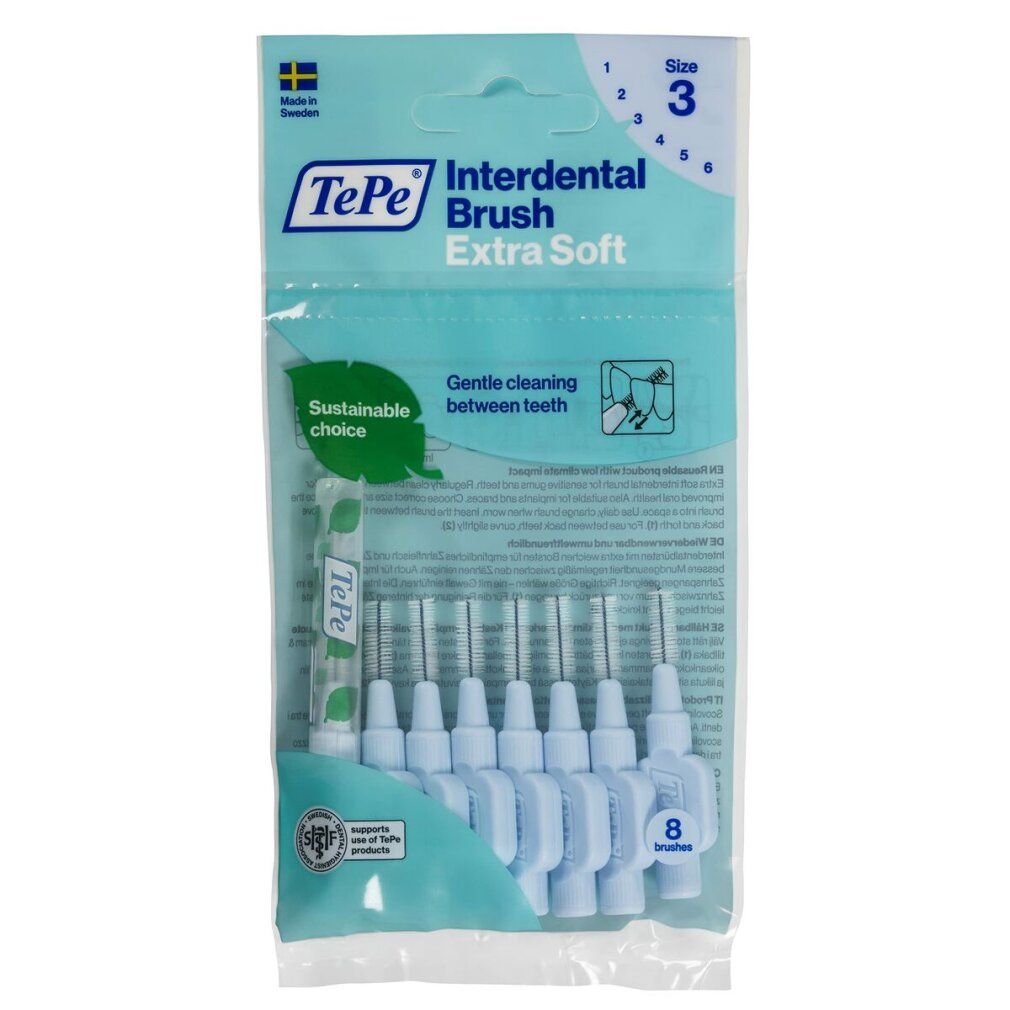 Verpackung mit blauen TePe Interdentalbürsten. Extra Soft, 8 Stück. Aufschrift: Gentle cleaning between teeth. Nachhaltige Wahl.