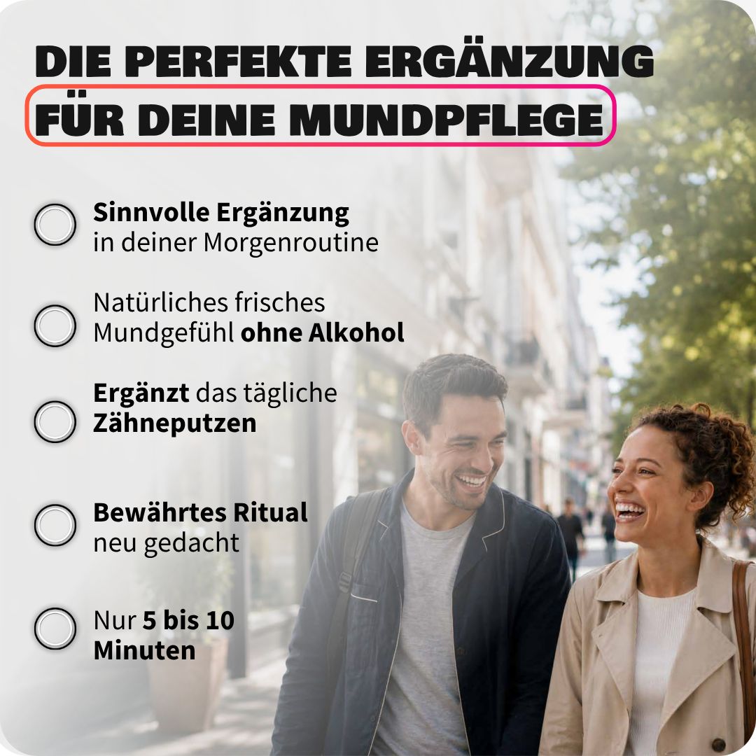 Lachendes Paar geht auf der Straße, Text über Mundpflege-Ergänzung.
