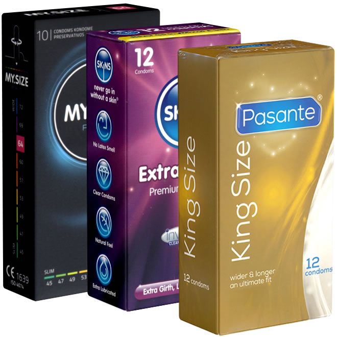 Drie dozen condooms. Merken: MySize, Skins, Pasante. Opschriften: King Size, Extra Girth, 10, 12 condooms.