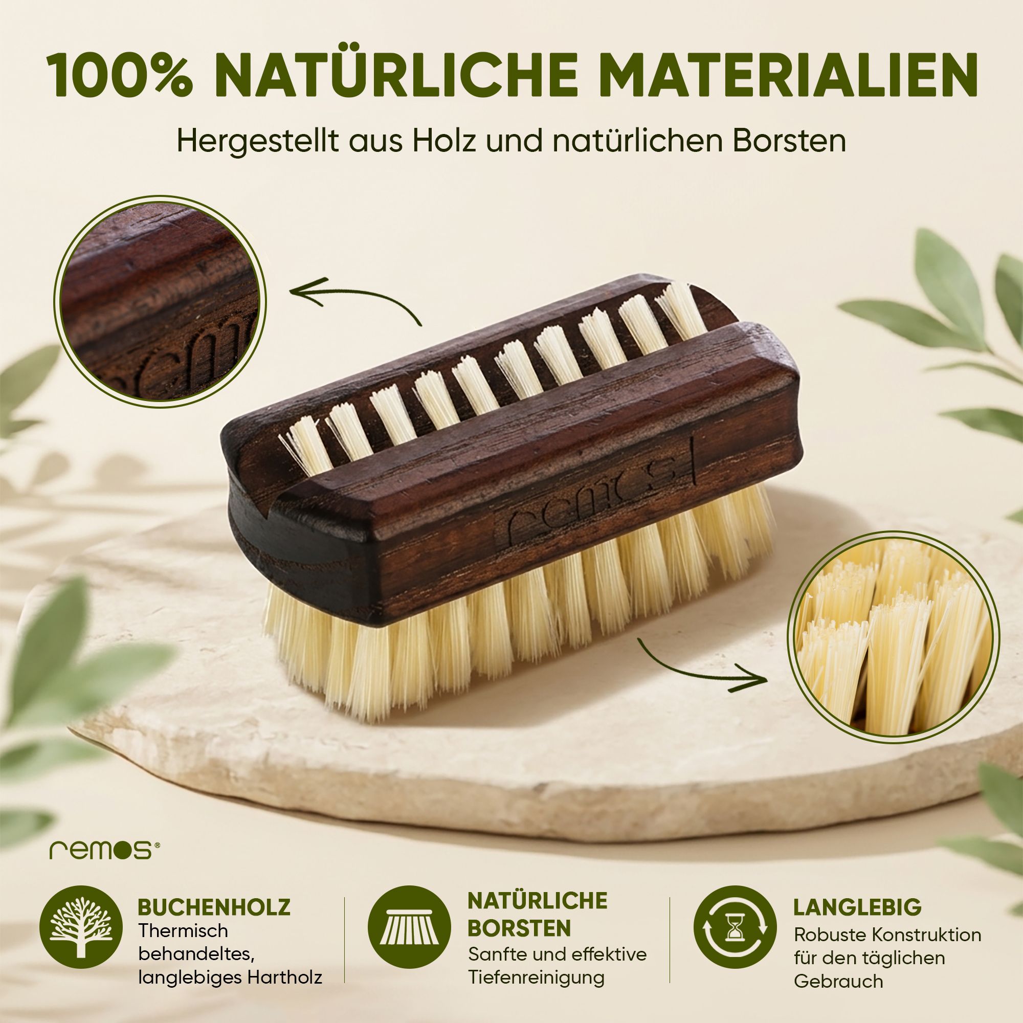 Reisenagelbürste mit Naturborsten. Holzgriff, helle Borsten. Text: 100% natürliche Materialien, Buchenholz, Natürliche Borsten, Langlebig.