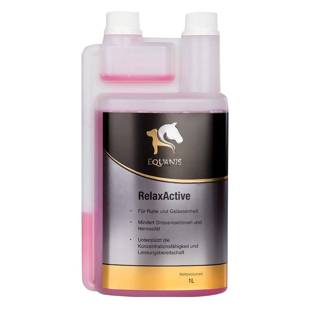 Flasche mit rosa Flüssigkeit. Aufschrift: Equanis RelaxActive. Enthält Informationen zu Ruhe, Stressreaktionen und Konzentration. Volumen: 1L.