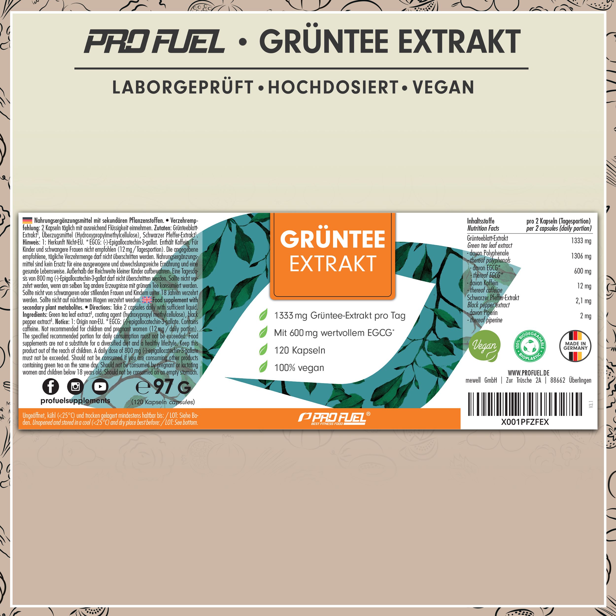ProFuel - GRÜNTEE Kapseln - hochdosiert mit 1333 mg Grüntee-Extrakt pro Tag, davon 600 mg EGCG