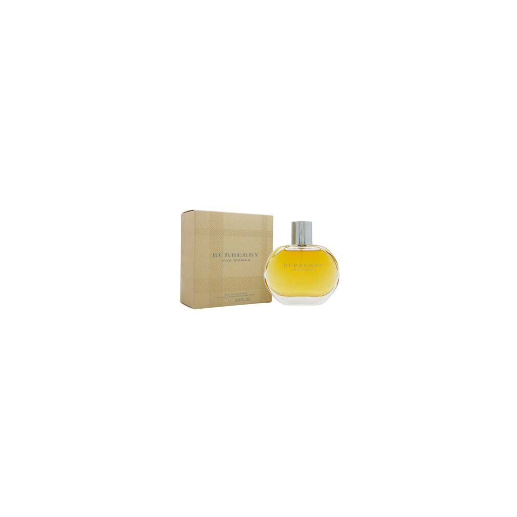 Flakon und Verpackung. Flakon rund, silberner Deckel. Verpackung beige mit Karomuster. Text: BURBERRY FOR WOMEN.