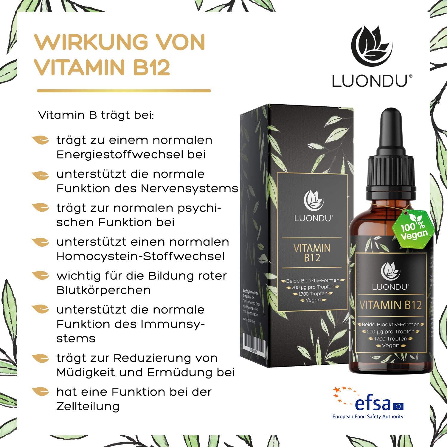 Produkt und Verpackung mit Text über die Wirkung von Vitamin B12. Aufschrift: Luondu Vitamin B12, 200 µg pro Tropfen, vegan. EFSA-Logo.