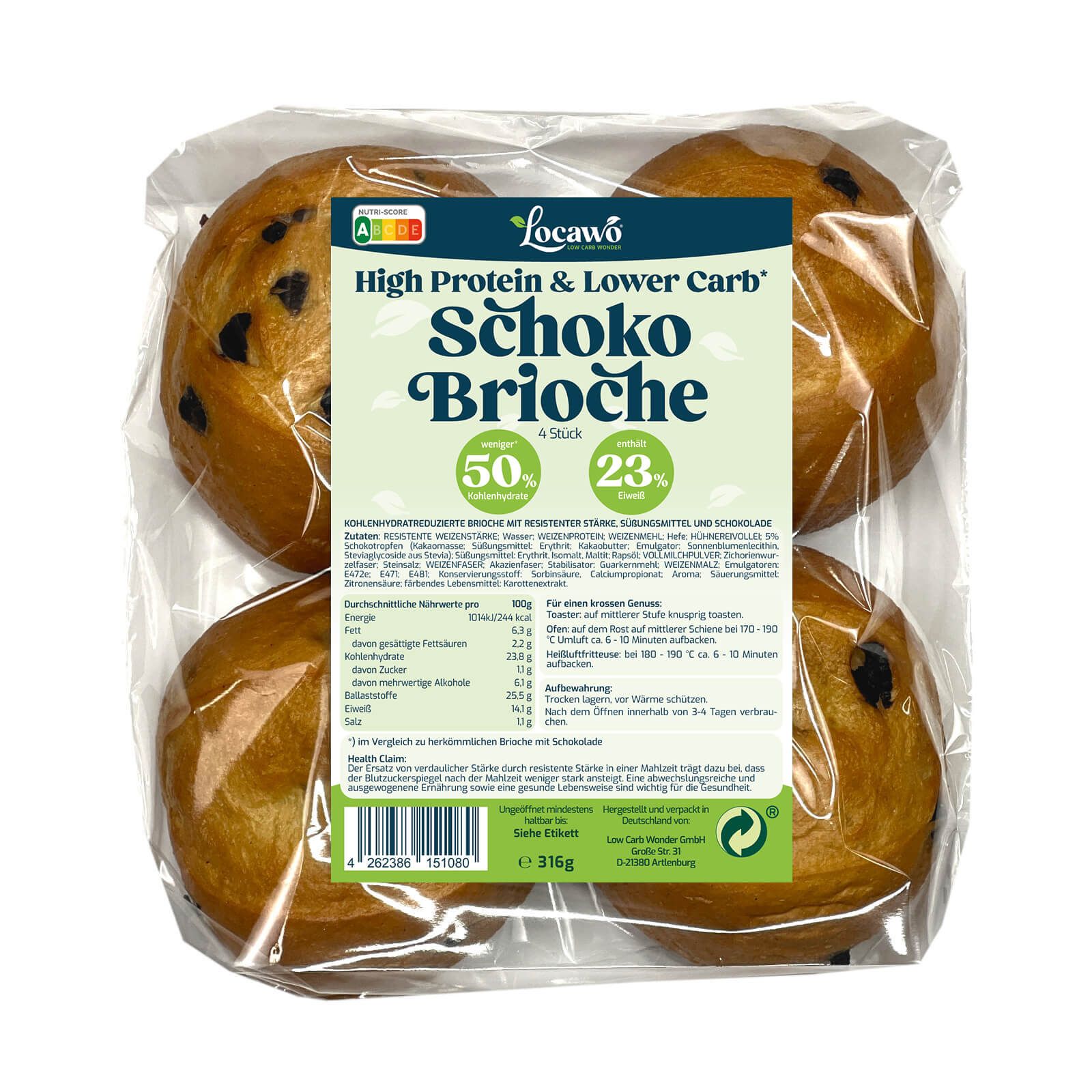 Locawo Schoko Brioche, 4 Stück, in Folie verpackt. Aufdruck: High Protein & Lower Carb, Nährwertangaben, Logo.