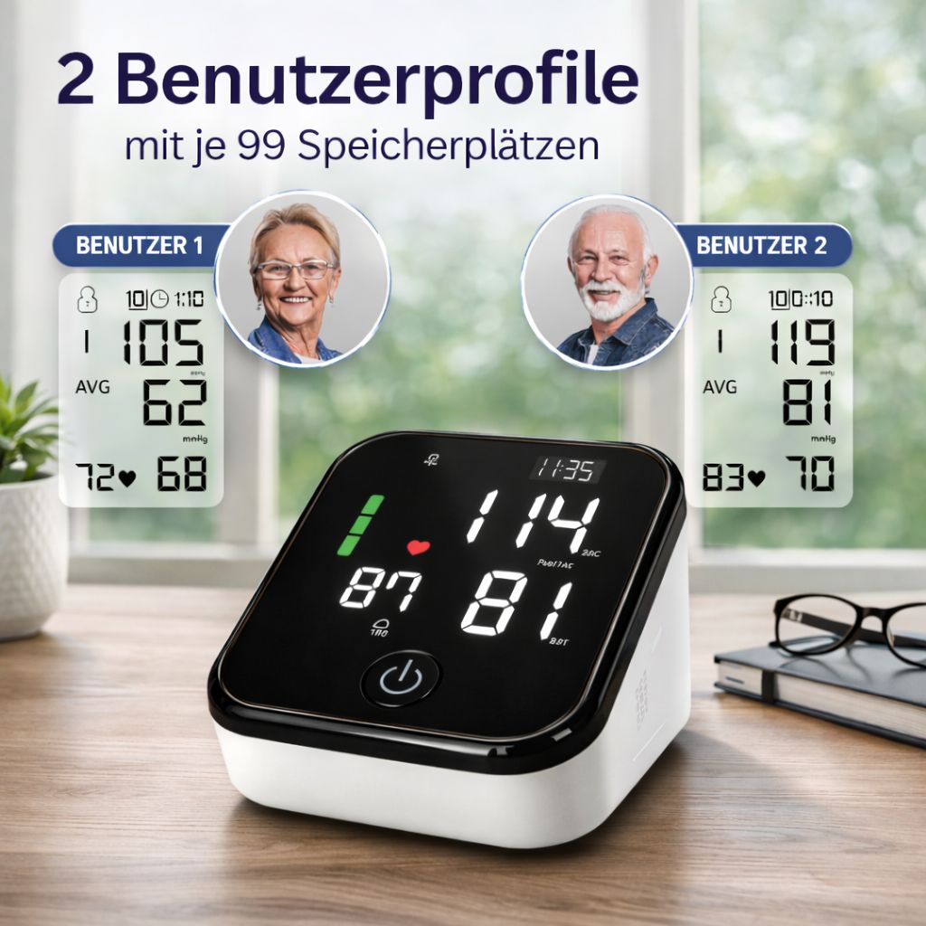 Blutdruckmessgerät mit schwarzem Display. Zeigt Messwerte und zwei Benutzerprofile mit je 99 Speicherplätzen.