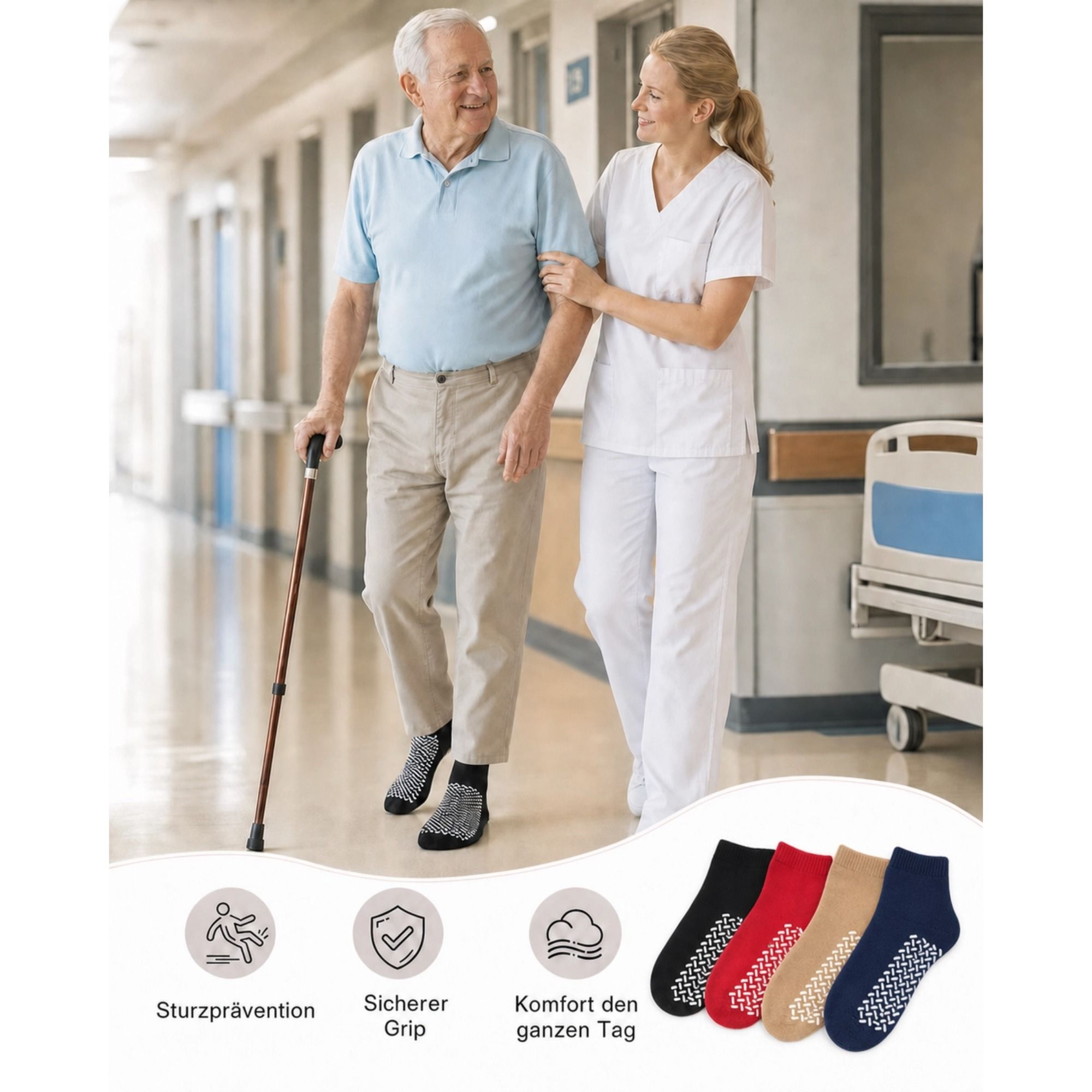 Mann mit Gehhilfe und Pflegekraft, mehrere Anti-Rutsch-Socken in verschiedenen Farben.