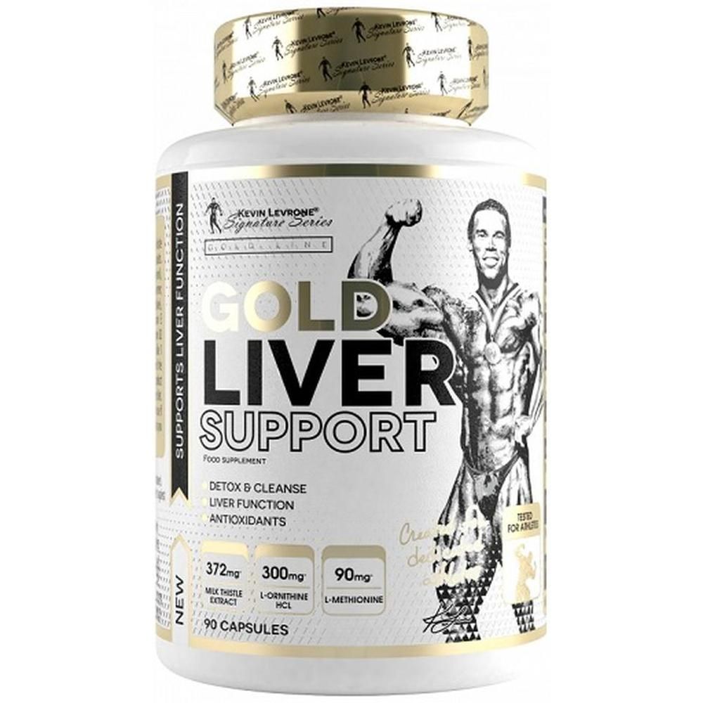 Weißes Pillenbehälter mit schwarzer und goldener Beschriftung. "Gold Liver Support" und "90 Kapseln" sind sichtbar.