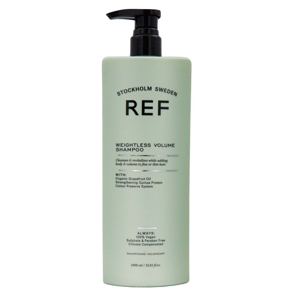 Grüne Shampoo-Flasche mit schwarzem Pumpkopf. Aufschrift: REF WEIGHTLESS VOLUME SHAMPOO. Text: Organic Grapefruit Oil, Colour Preserve System.
