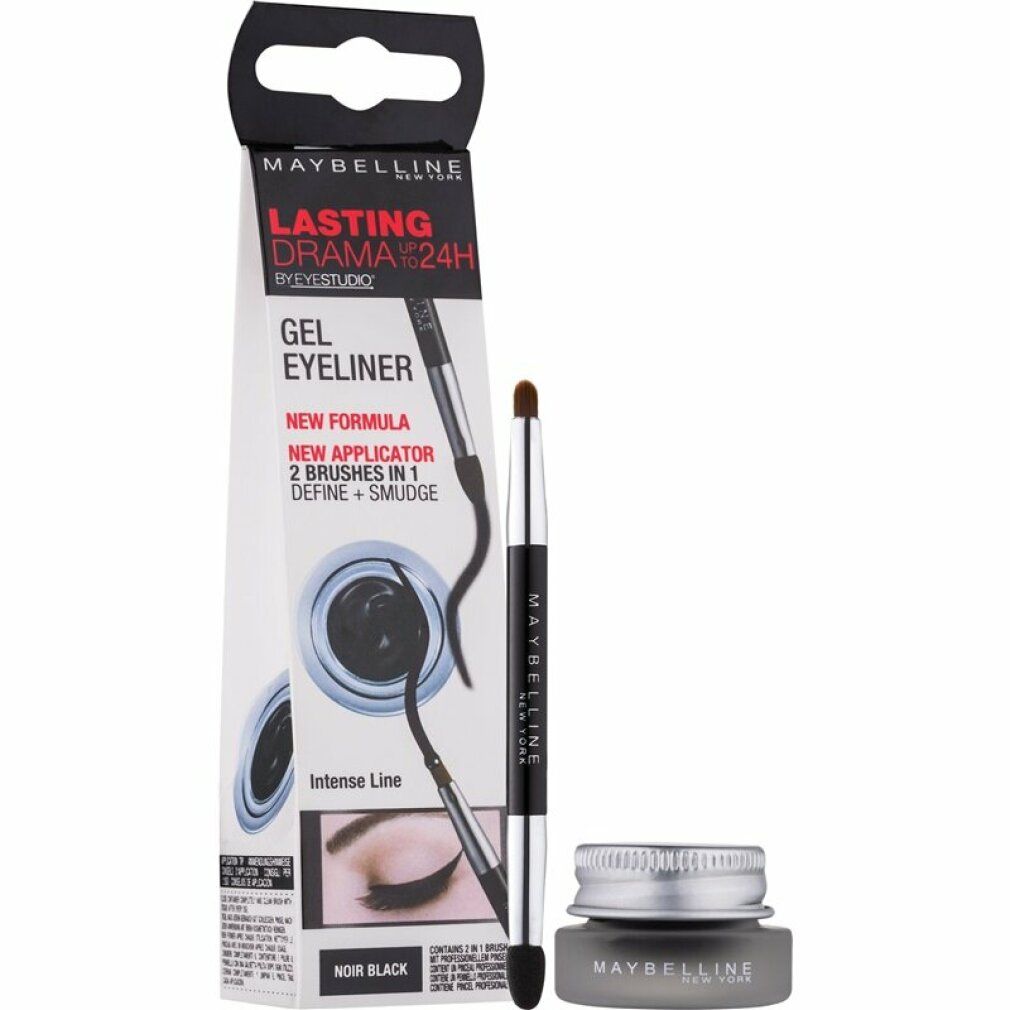 Gel-Eyeliner mit Applikator und Verpackung. Schwarze Farbe. Marke Maybelline New York. Text: Lasting Drama 24H.