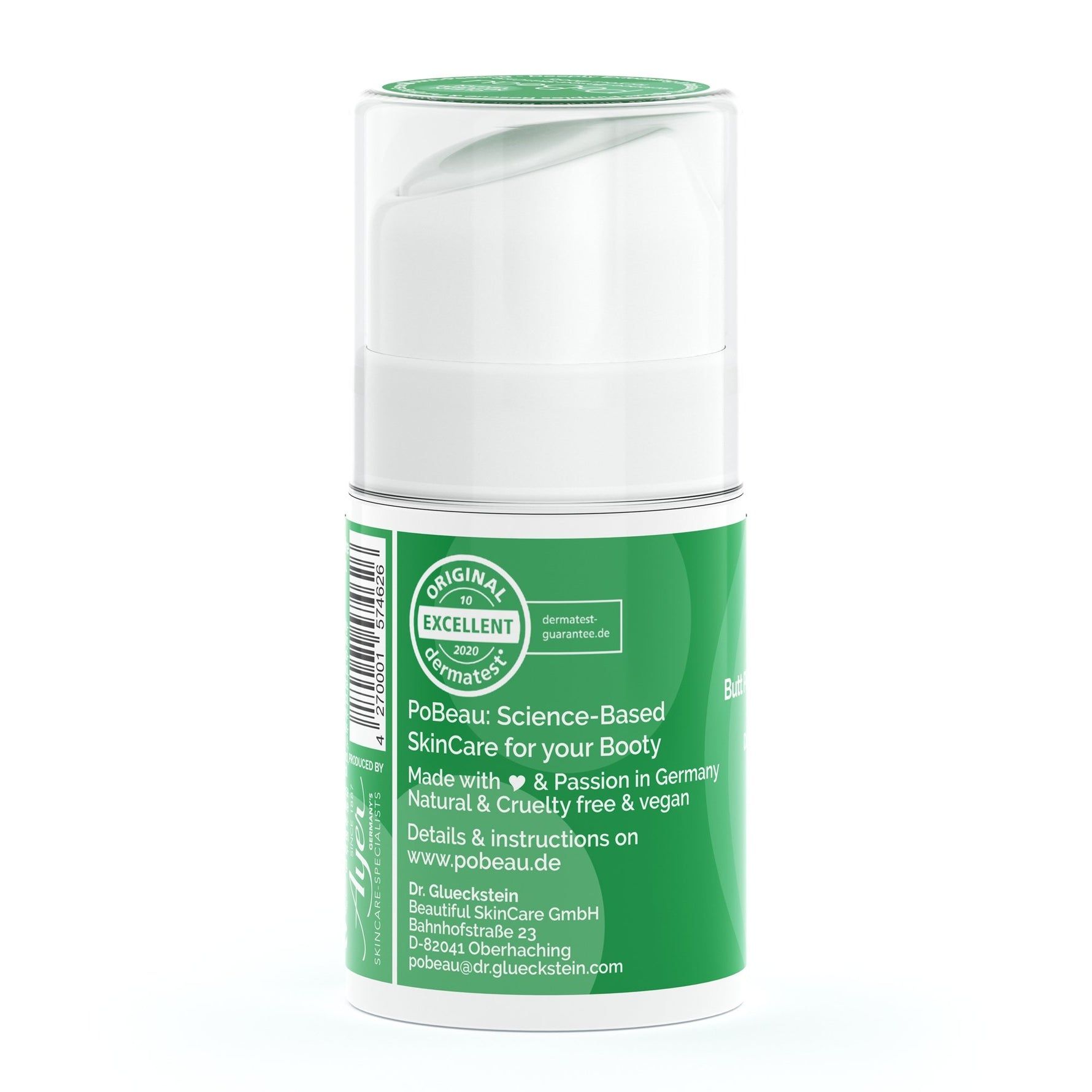 Weiße Flasche mit grünem Etikett. Aufschrift: Pobeau, SkinCare for your Booty. Text: Made with & Passion in Germany. Vegan.