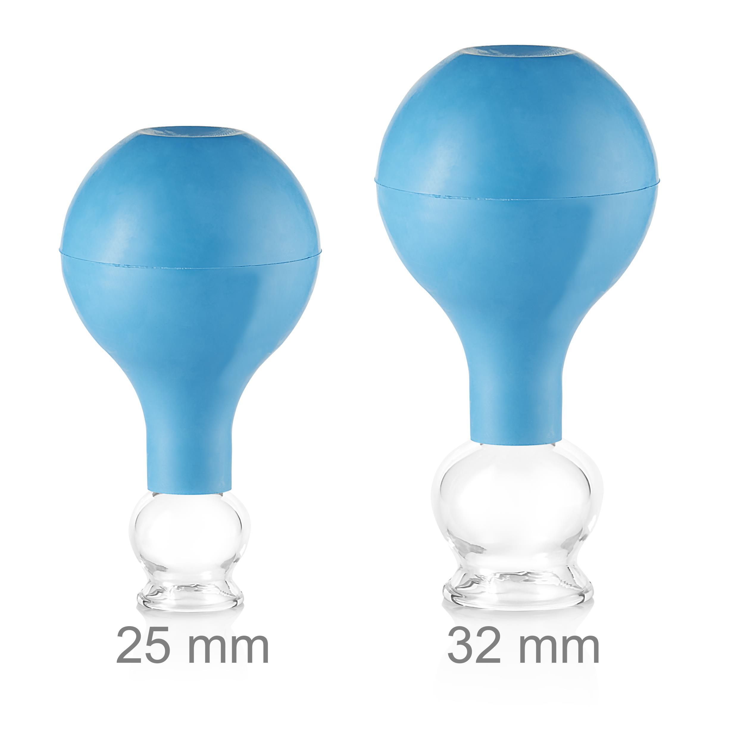 Pulox Schröpfgläser aus Echtglas mit Saugball - Set Duo klein in Blau: 25mm, 32mm 2 St