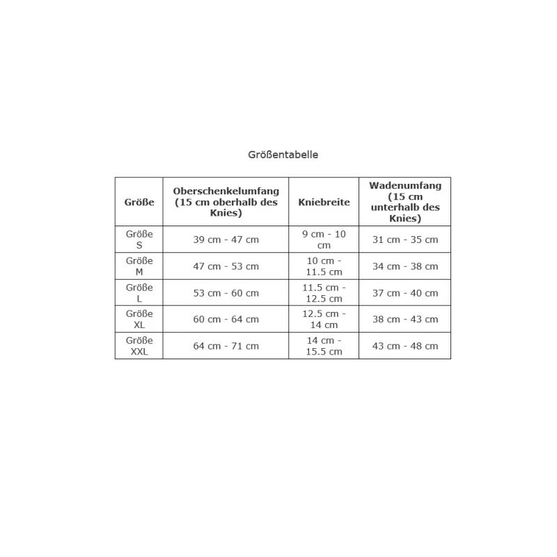 Größentabelle für THUASNE Genupro Control Kniebandage. Tabellarische Darstellung mit Größen, Oberschenkelumfang, Kniebreite und Wadenumfang.
