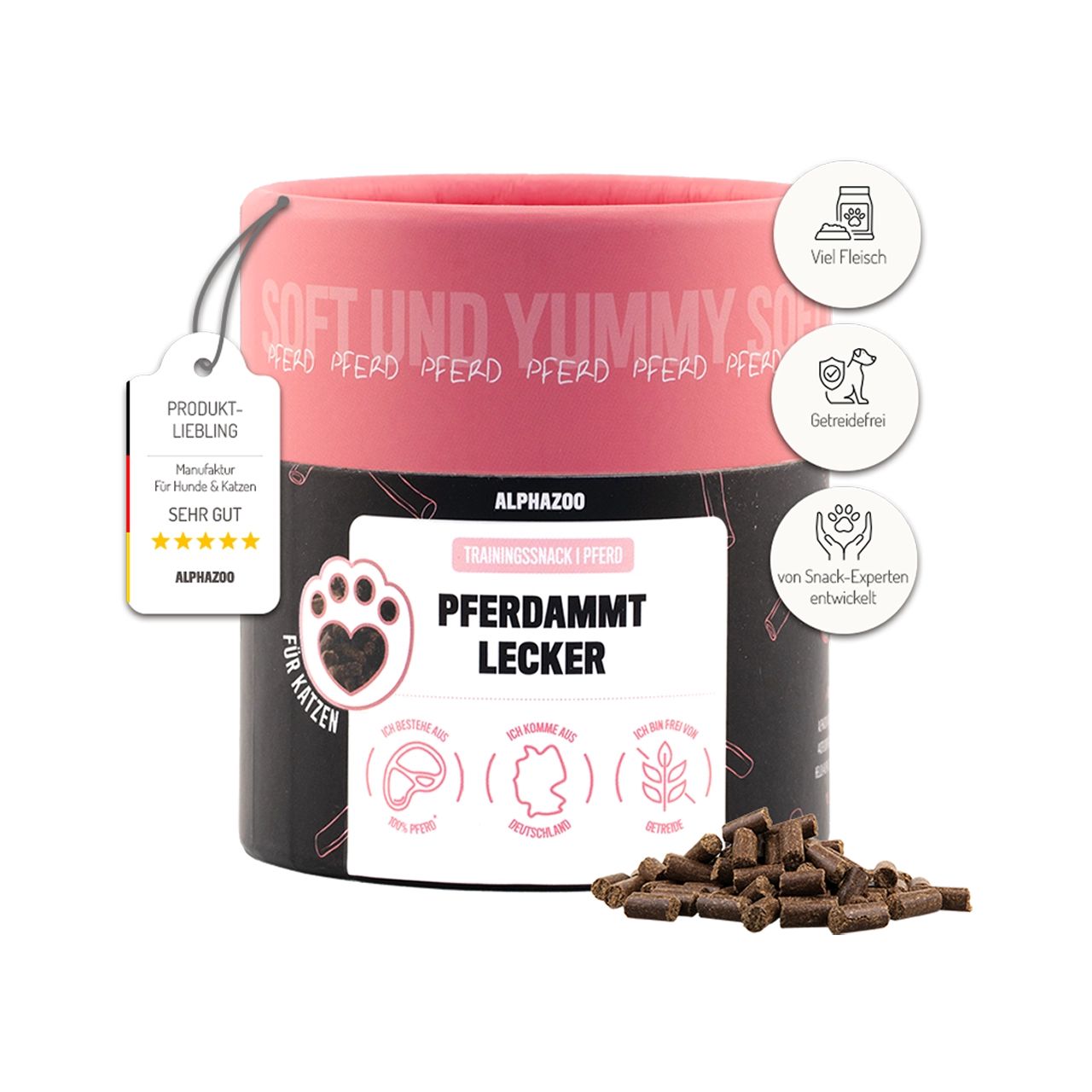 Zylinderförmige Verpackung mit Produktnamen und Logos. Kleine, braune Snacks liegen daneben. Produkt für Hunde und Katzen.