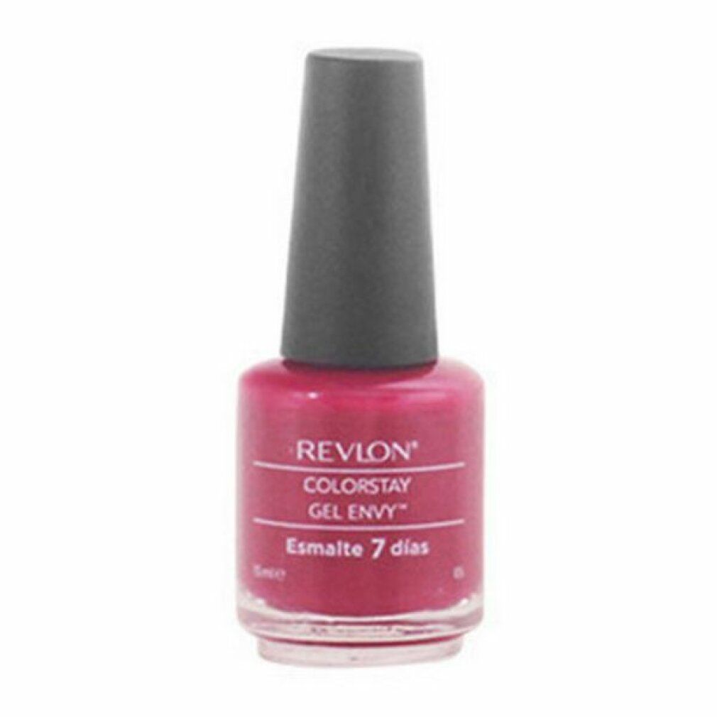 Nagellackflasche, pink. Grauer Deckel. Aufschrift: Revlon Colorstay Gel Envy. Esmalte 7 dias.