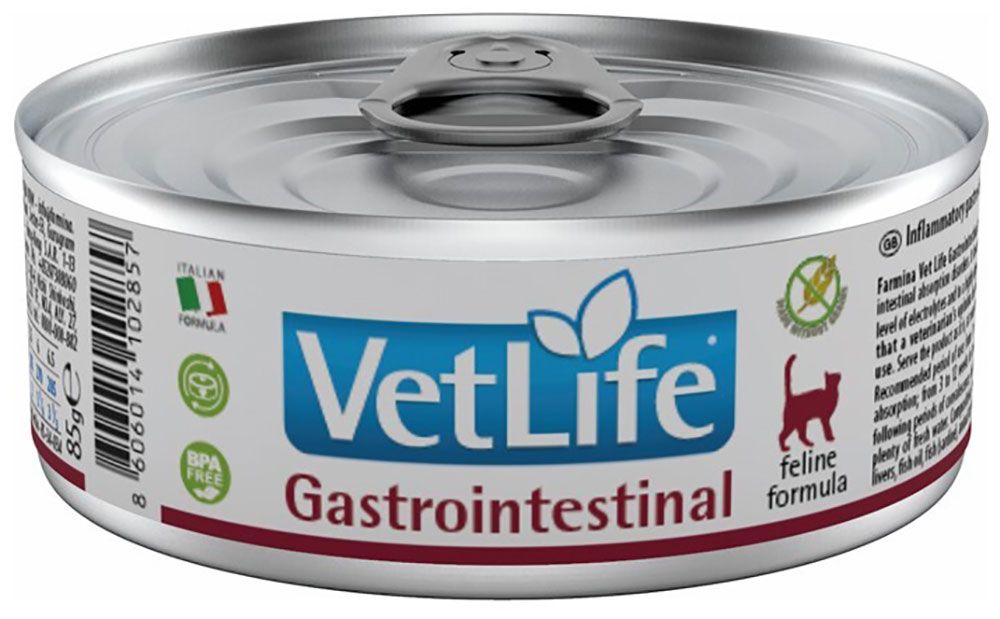 Katzenfutterdose "Vet Life Gastrointestinal". Dose mit blauem Deckel, silbernem Rand und Zuglasche. Italienische Flagge auf dem Etikett.