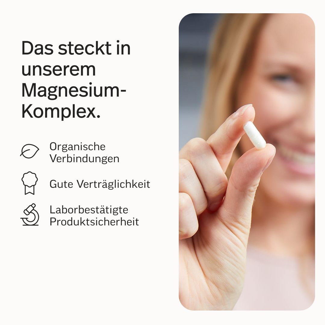Frau hält eine weiße Kapsel. Merkmale: Organische Verbindungen, gute Verträglichkeit, Laborsicherheit.