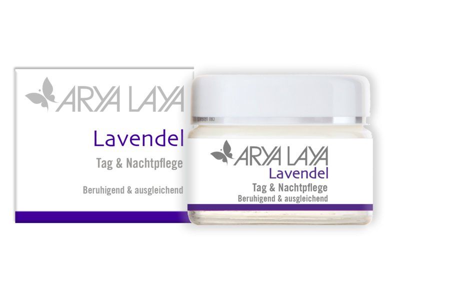 Creme-Tiegel und Schachtel. Aufschrift: ARYA LAYA Lavendel Tag & Nachtpflege. Beruhigend & ausgleichend. Weißer Tiegel mit weißem Deckel.