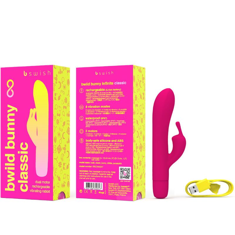 Pinker Vibrator, gelbes Ladekabel und Verpackung. Aufschrift: bwild bunny classic, bswish. Produktname: B Swish.