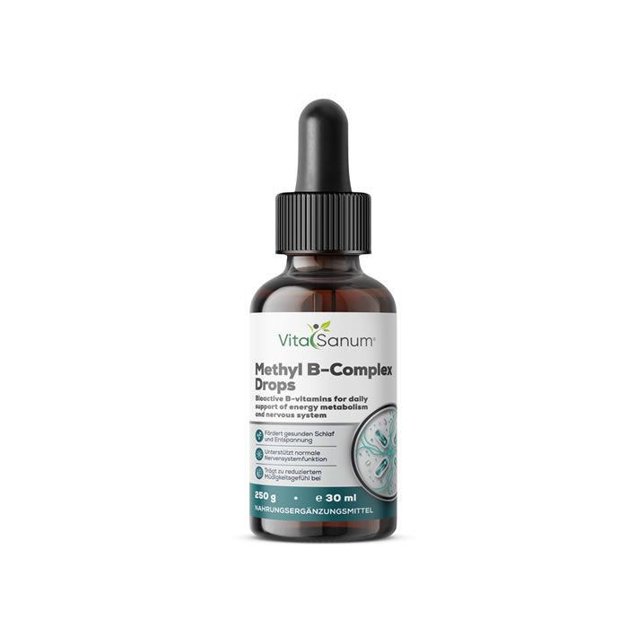 Braune Glasflasche mit Pipettenverschluss, VitaSanum Methyl B-Komplex Tropfen, 30 ml.