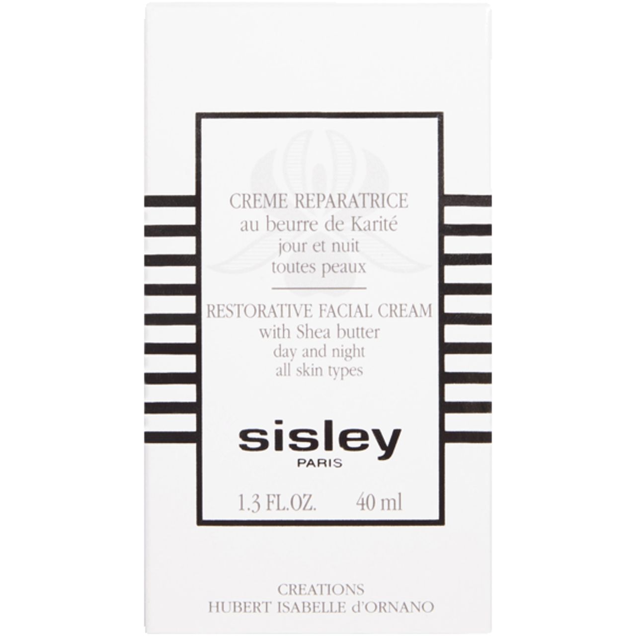Weiße Schachtel mit Sisley Creme Reparatrice. Text: Restorative Facial Cream, Shea Butter, Tag und Nacht, alle Hauttypen. 40 ml.
