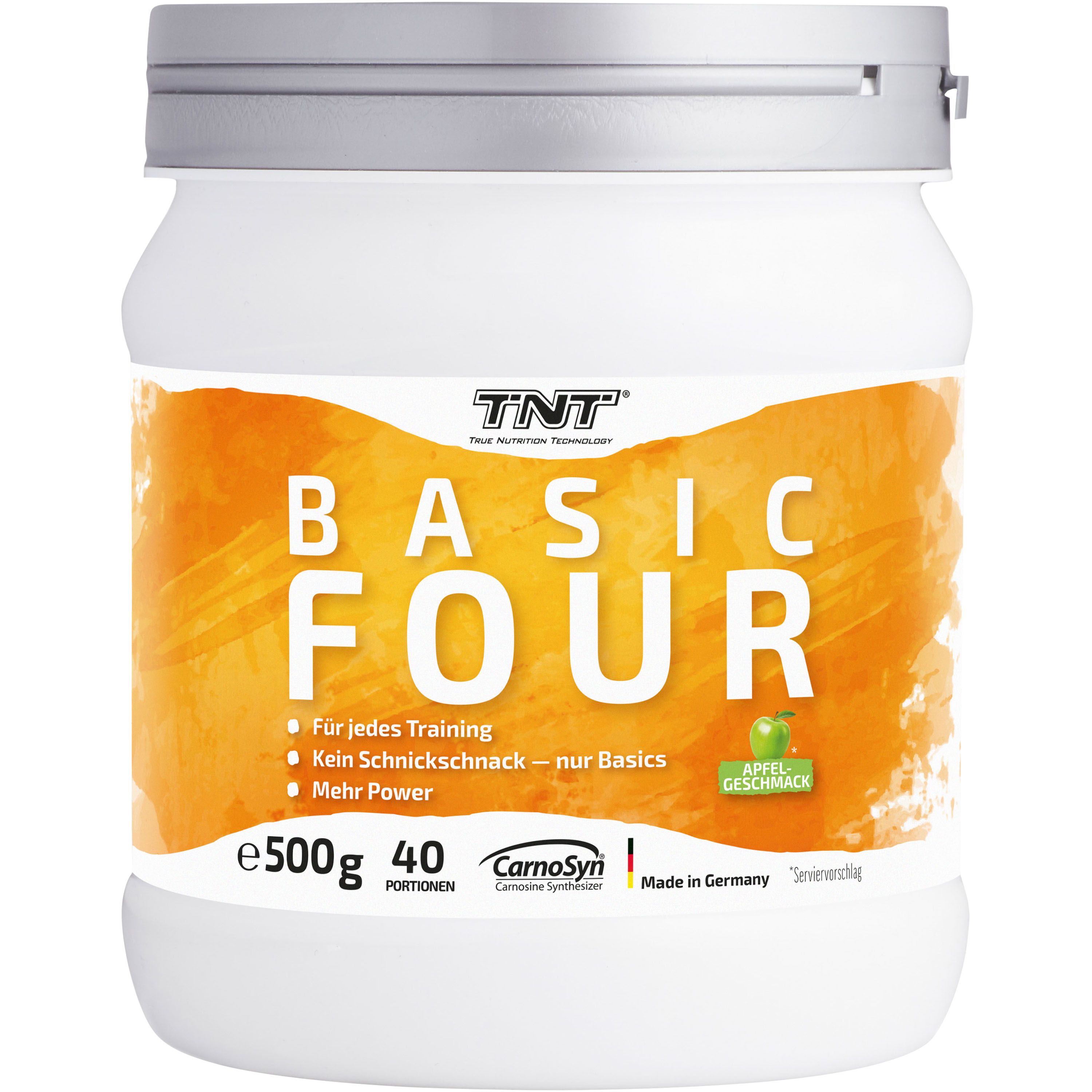 Weißes Produktglas mit gelbem Etikett. Aufschrift: BASIC FOUR. Logos: TNT, CamoSyn. Text: Für jedes Training, Mehr Power. Apfel-Symbol.