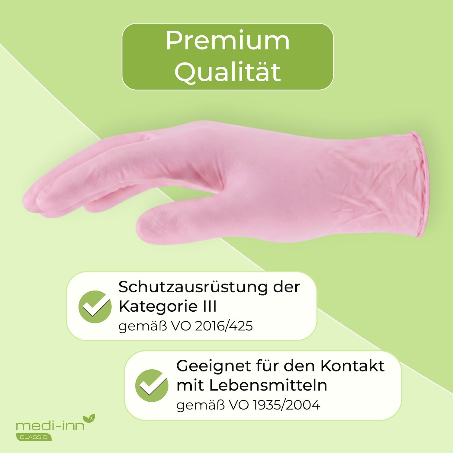 Rosa Nitrilhandschuh, Schutz nach Kat. III, für Lebensmittelkontakt geeignet.