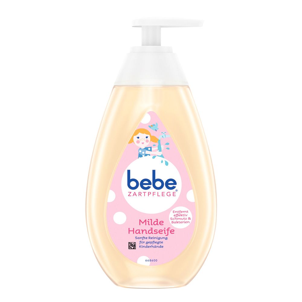 Bebe Handseife Zartpflege, ovale Flasche mit Spender. Rosa Etikett mit Logo und Schriftzug. Milde Handseife für Kinder.