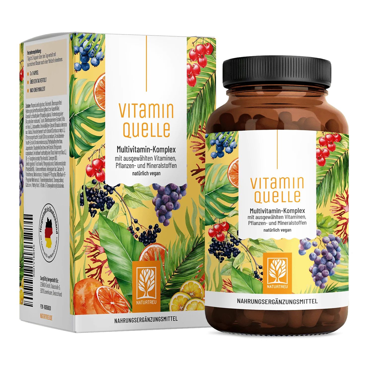 Flasche und Karton des Multivitamin-Komplexes mit Früchten und Blättern.