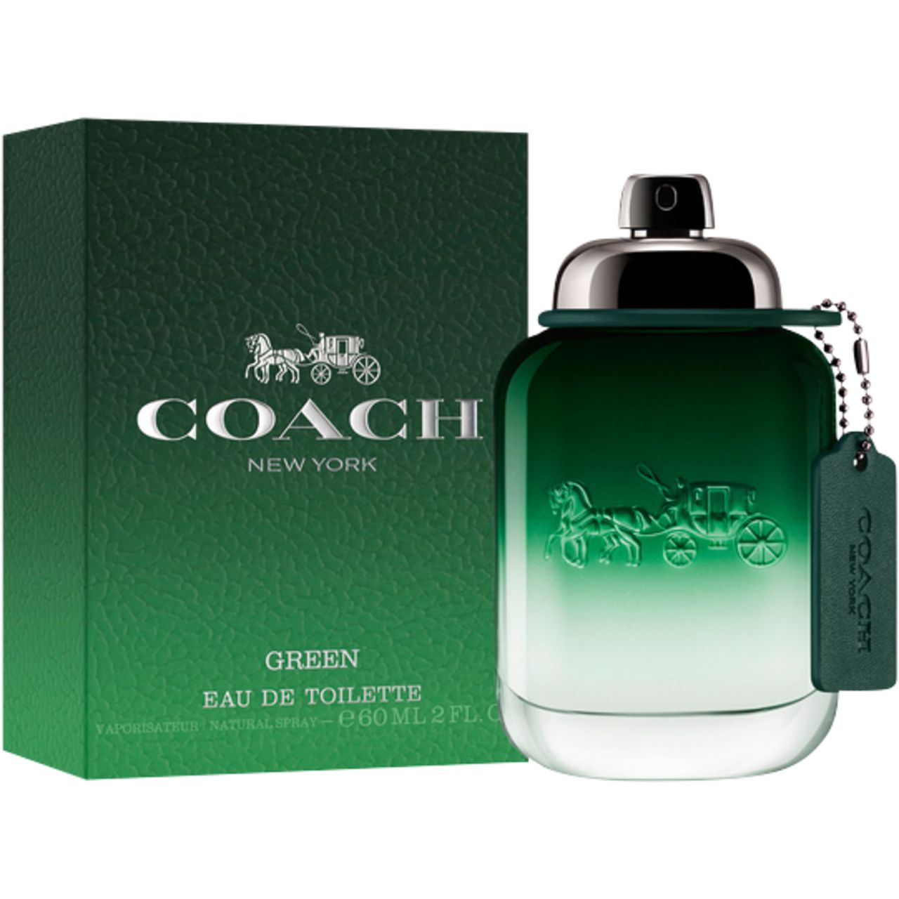 Grüne Glasflasche und Schachtel. Aufschrift COACH NEW YORK, GREEN Eau de Toilette. Anhänger mit Logo.