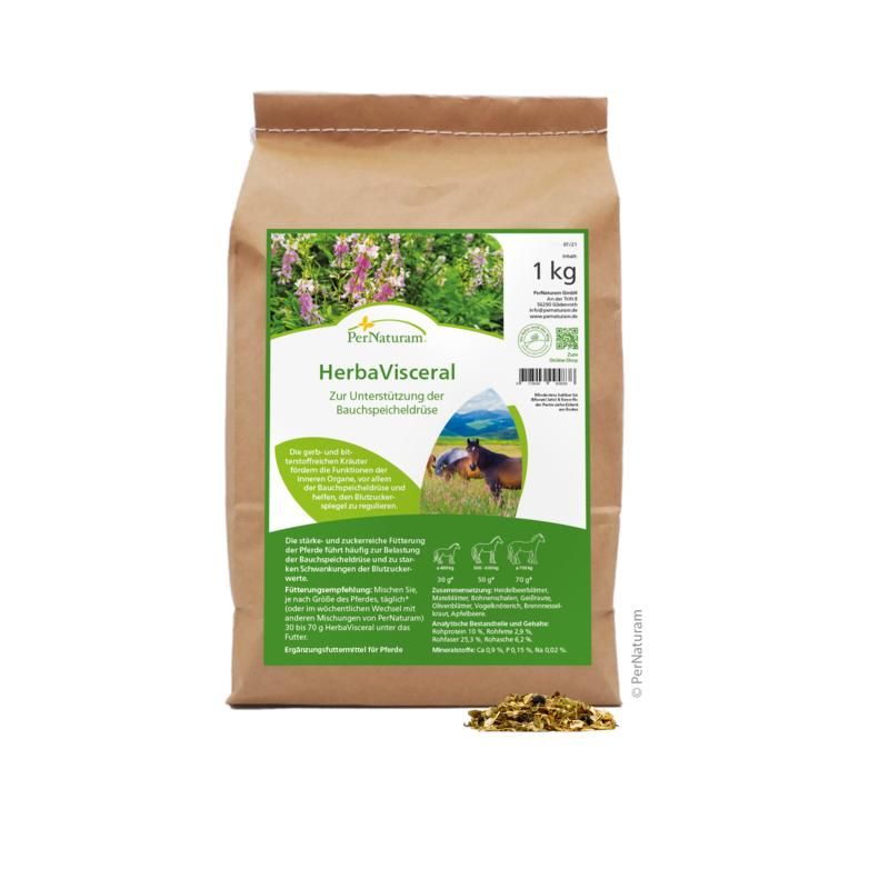 Braune Papiertüte HerbaVisceral mit Etikett. Grün-weißes Etikett mit Produktname und Logo. 1 kg. Produktabbildung und Text.