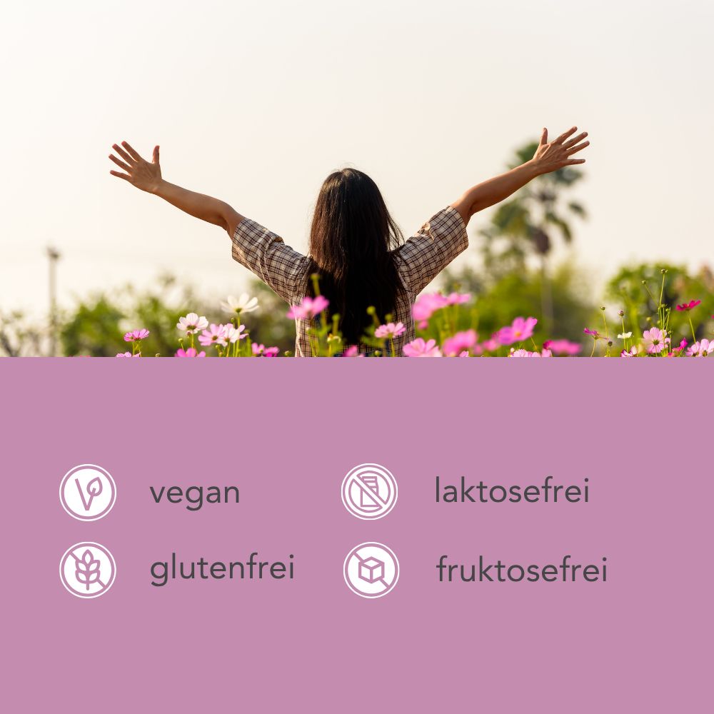 Rosa Hintergrund mit Symbolen: vegan, laktosefrei, glutenfrei, fruktosefrei. Frau mit offenen Armen in Blumenfeld.