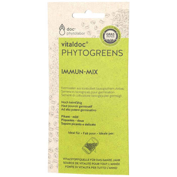 Verpackung von Vitaldoc Phytogreens Immun-mix. Grün-weißes Design mit Produktnamen und Logo. Gras-Siegel.