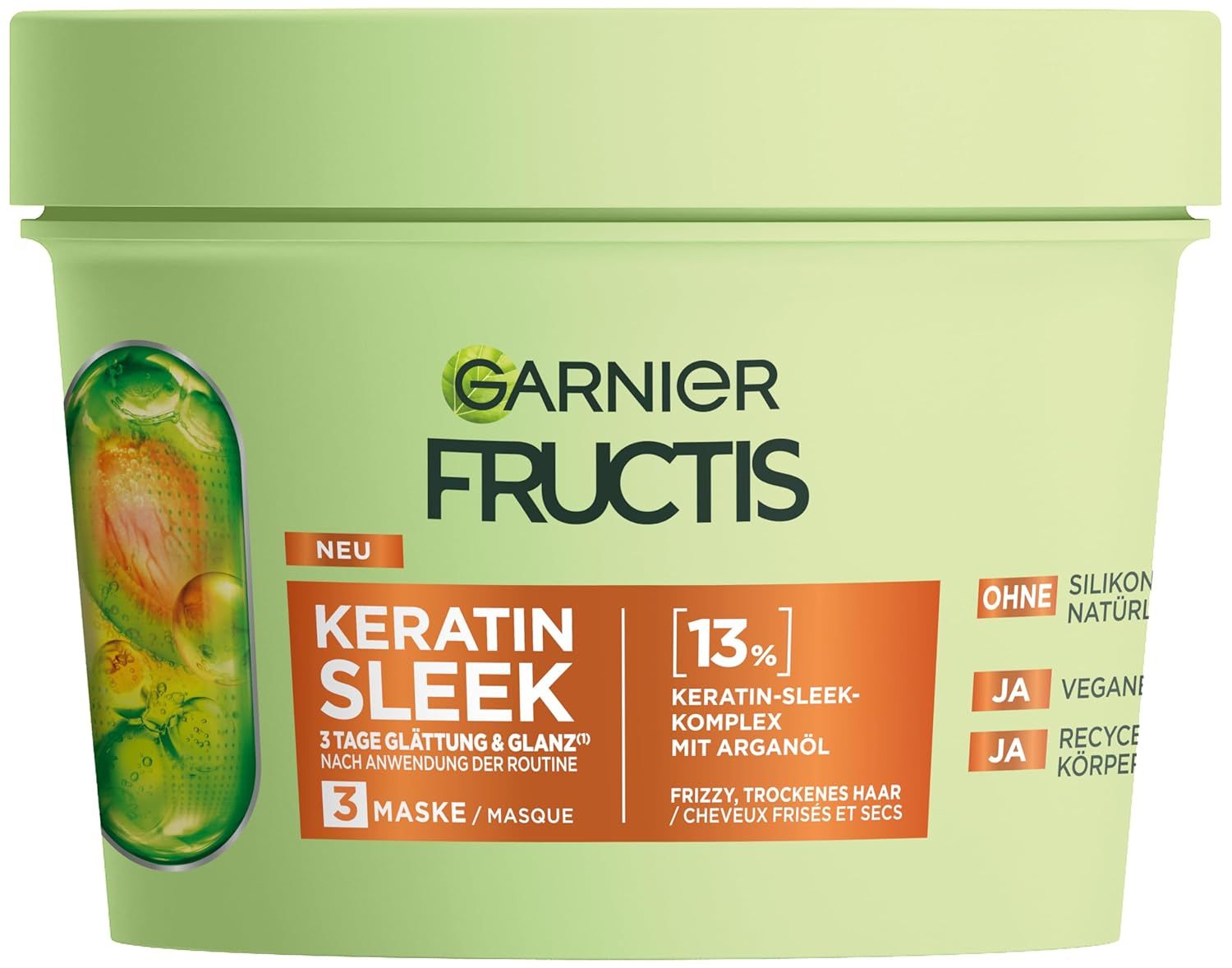 Garnier Fructis Keratin Sleek Haarmaske. Runde, grüne Dose. Text: Keratin Sleek, 3 Tage Glättung & Glanz, vegan.