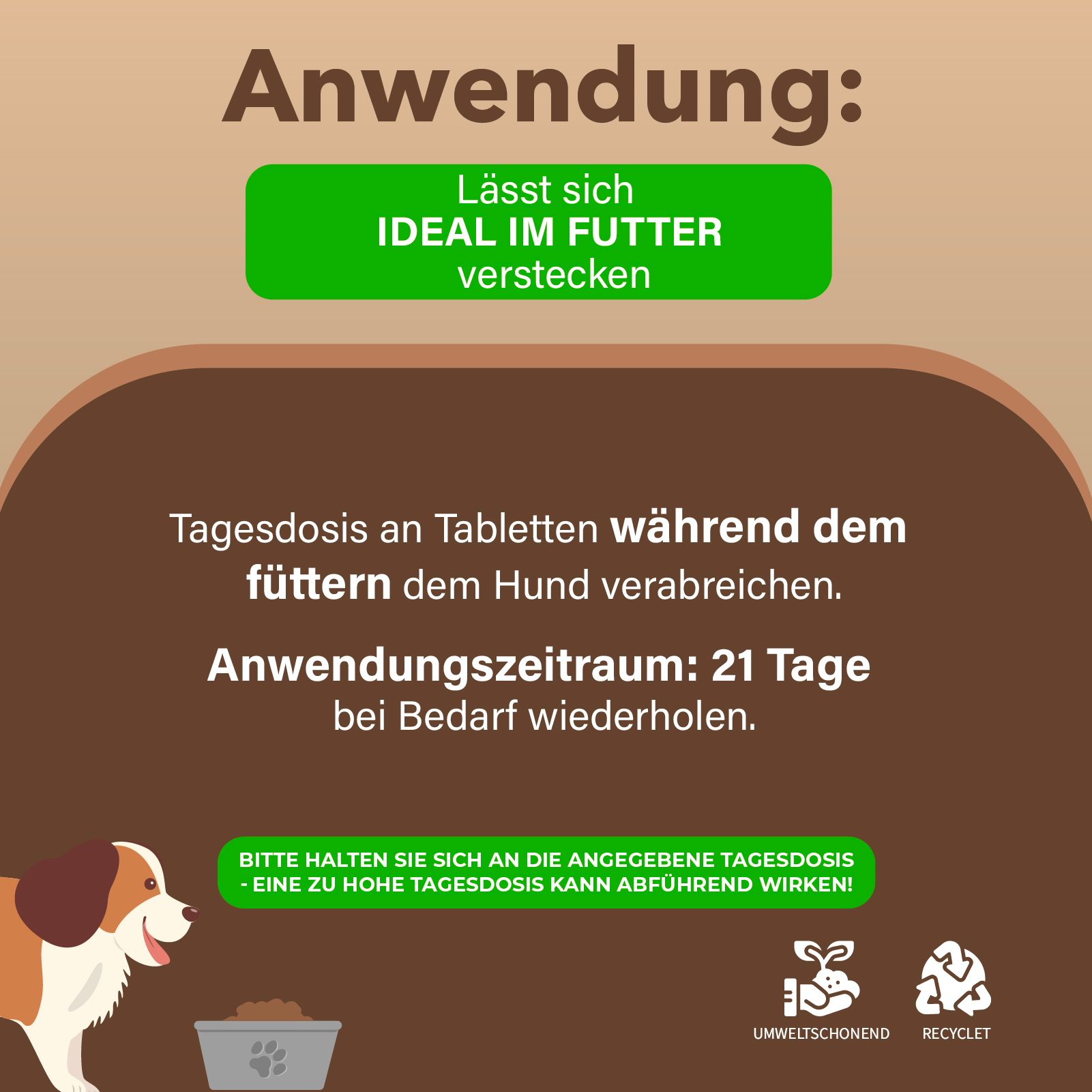 Grafik mit Text: Anwendung: Lässt sich ideal im Futter verstecken. Tagesdosis an Tabletten während dem Füttern verabreichen. 21 Tage.