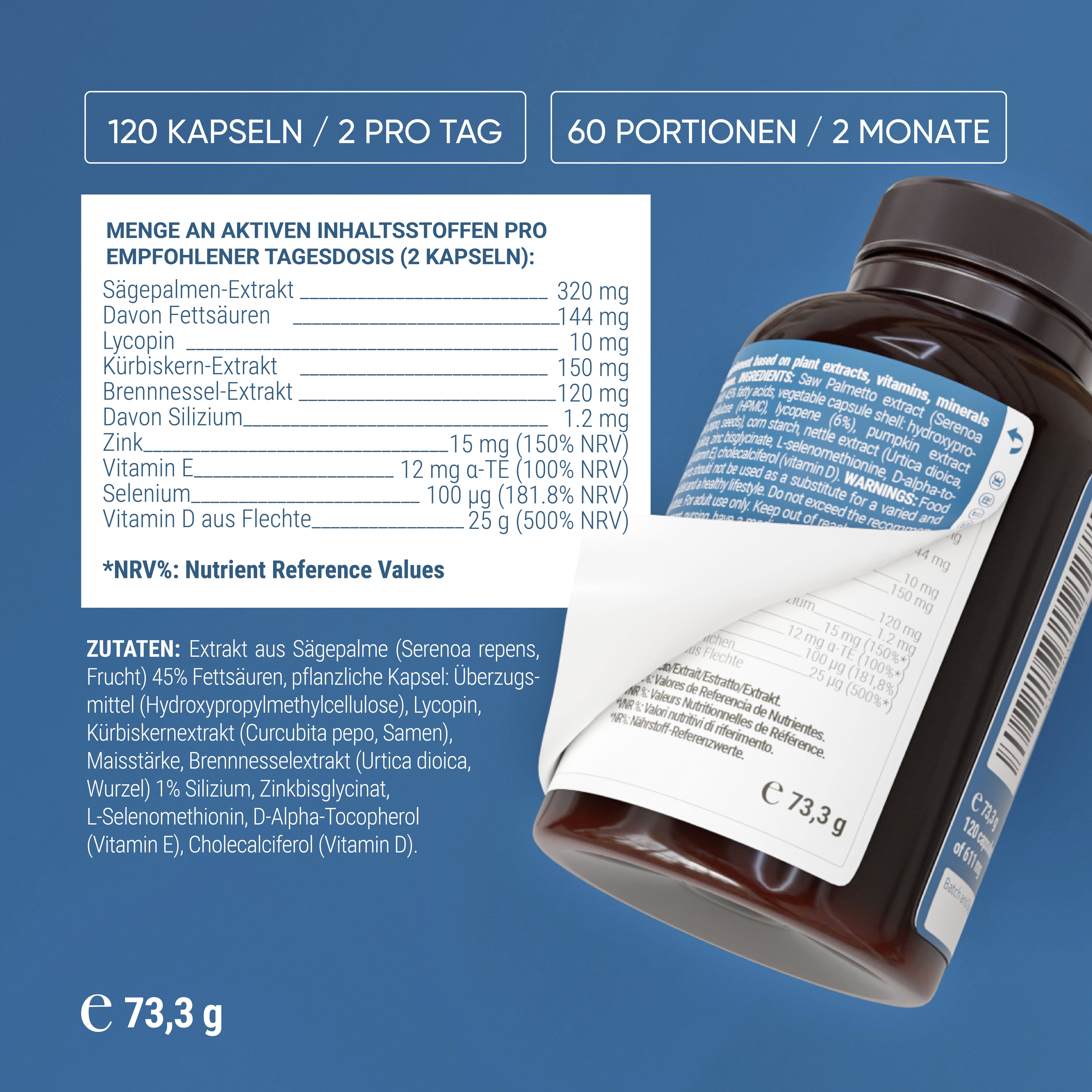 Rückseite der Produktverpackung. Text: Inhaltsstoffe, Dosierung, Warnhinweise.