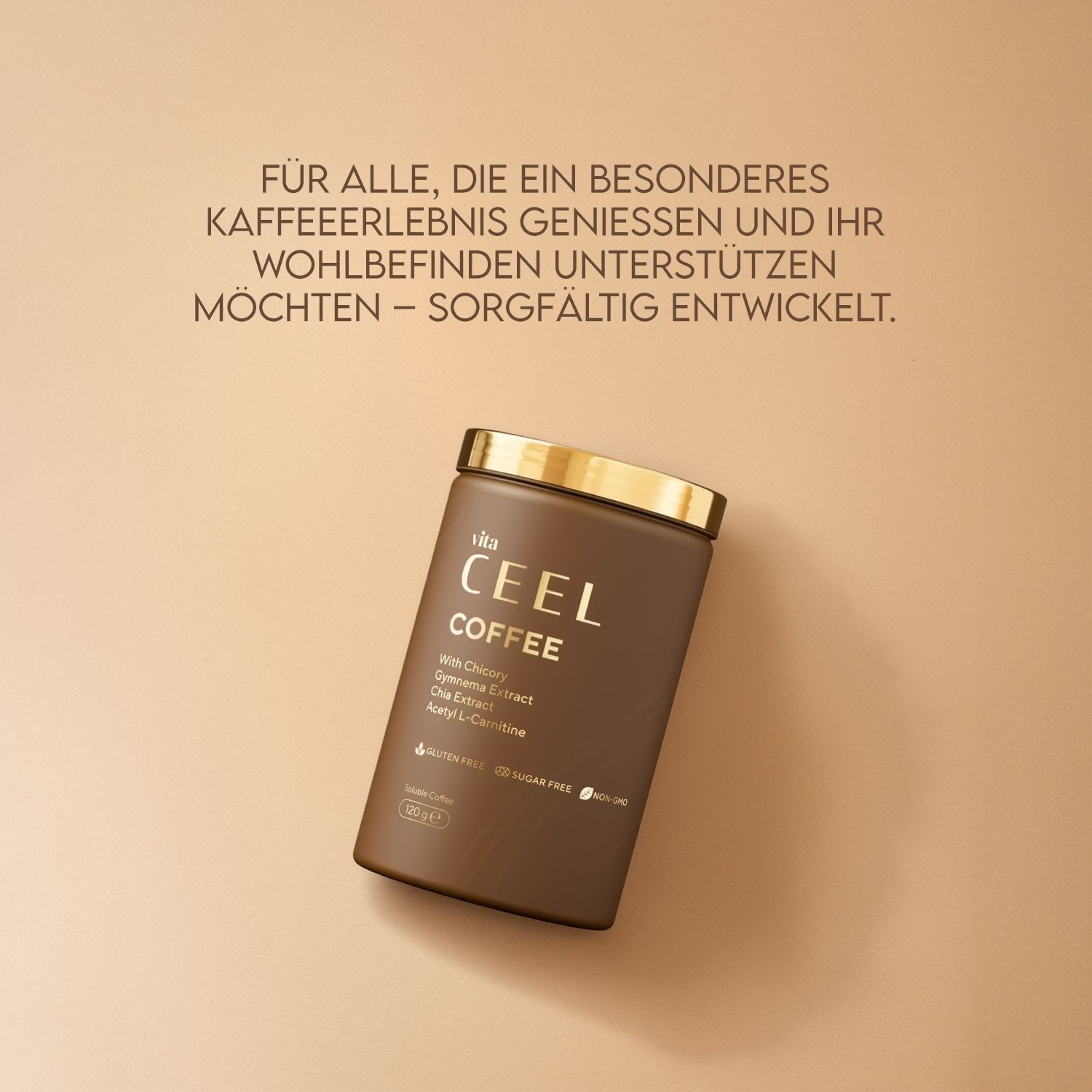 Braune Dose mit goldfarbenem Deckel, beschriftet mit 'CEEL COFFEE'. Enthält Kirsche, Guarana-Extrakt, Chia-Extrakt, N-Acetyl-L-Carnitin. Glutenfrei, zuckerfrei.